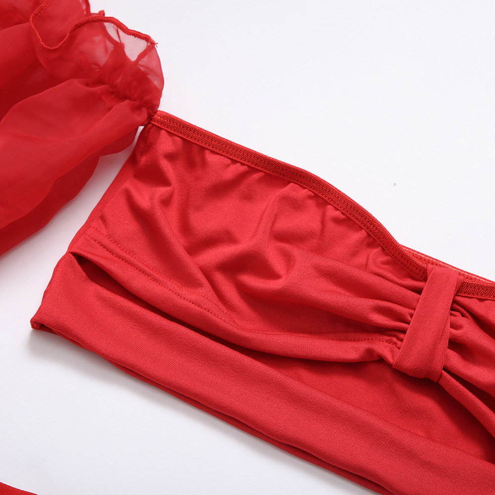 Off The Shoulder Collarbone Five Point Lace Sleeve Sling Fun Suit