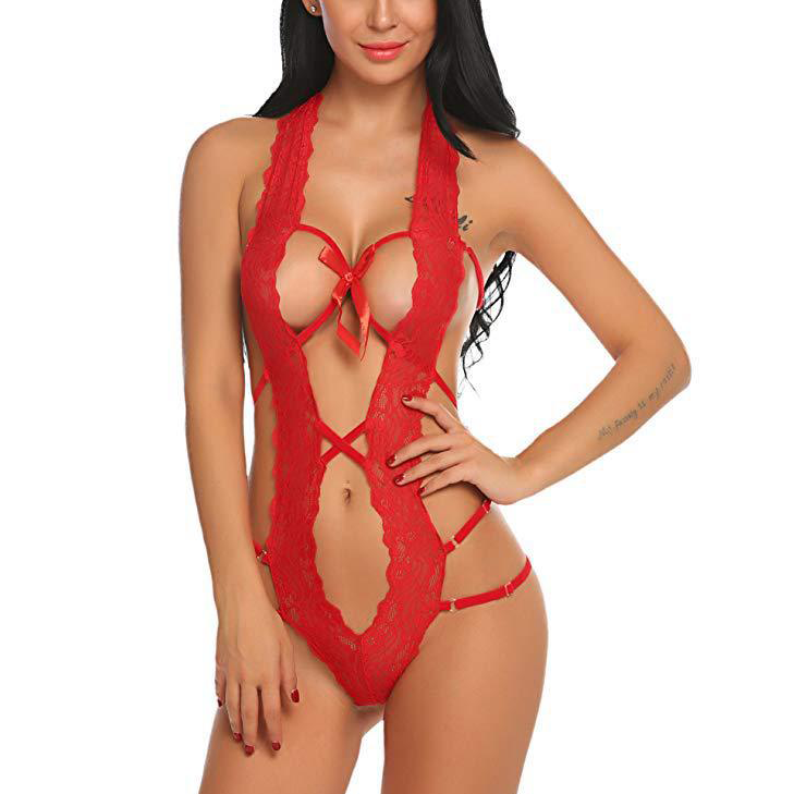 Women Deep V Halter Lingerie Teddy One Piece Bodysuit Lace Babydoll