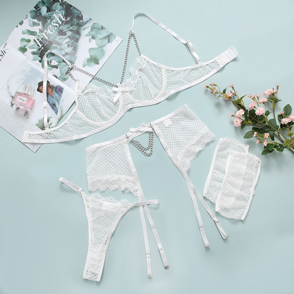 Sexy Underwear Mesh Splicing Lace Chain Butterfly Four Piece Set