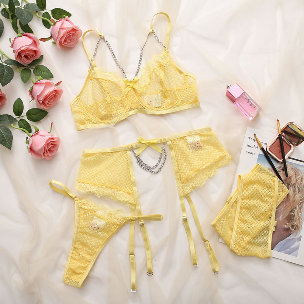 Sexy Underwear Mesh Splicing Lace Chain Butterfly Four Piece Set