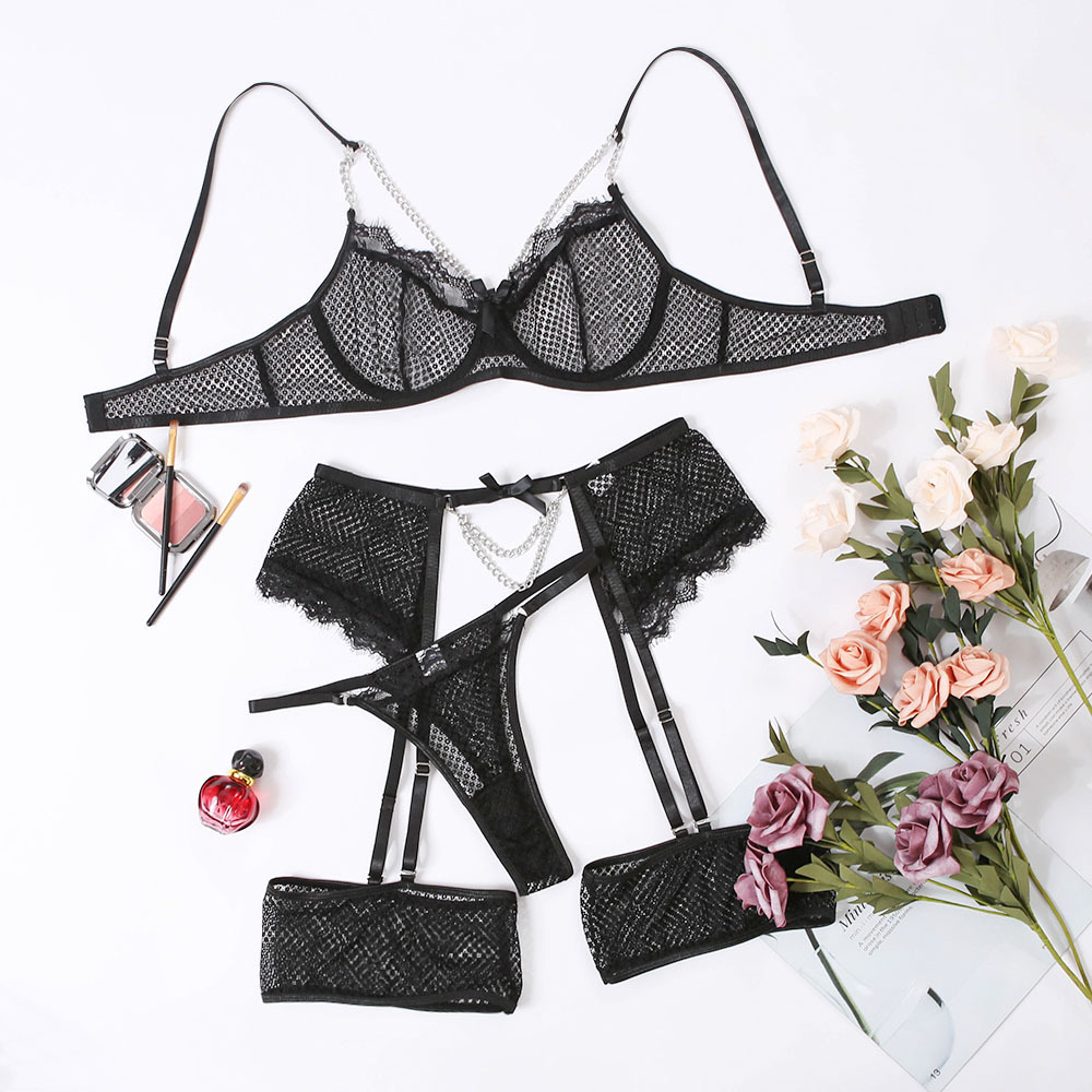 Sexy Underwear Mesh Splicing Lace Chain Butterfly Four Piece Set