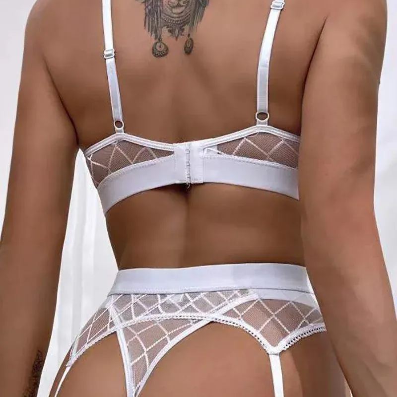 Sexy Erotic Lingerie Plaid Underwear Brief Sets Rhomboids Lace Bra And Panty-Uxolclub