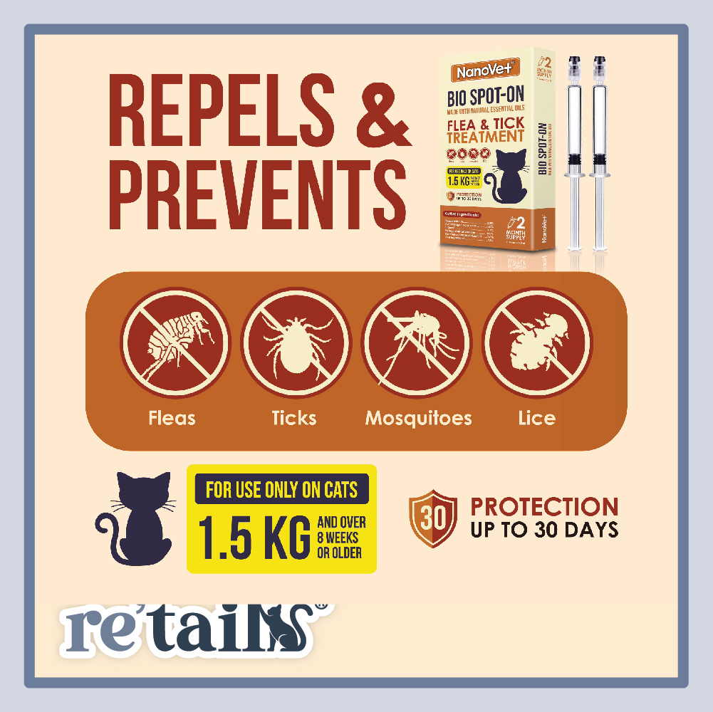 Nanovet Bio Spot-On Flea and Tick Treatment For Cat (0.5ml x 2 Doses)