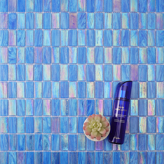 Vibrant Blue Iridescent Checkerboard Mosaic Tiles - Rectangle Shape