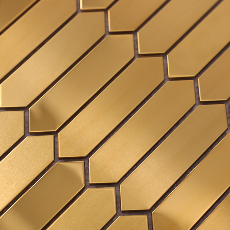 Close-up of gold stainless steel picket mosaic tiles.