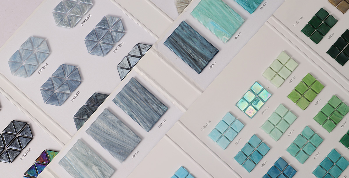Several mosaic tile color palettes stacked together.
