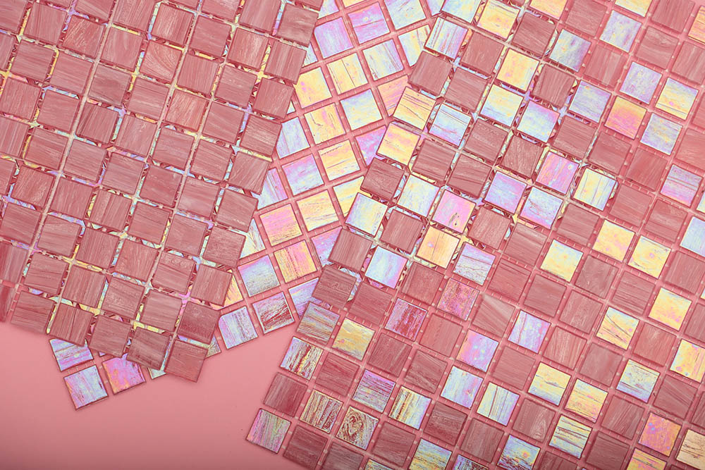Several pink mosaic tiles stacked together with a pink background, 