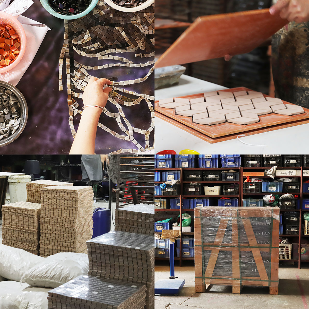 Custom mosaic tile production process and factory scenes