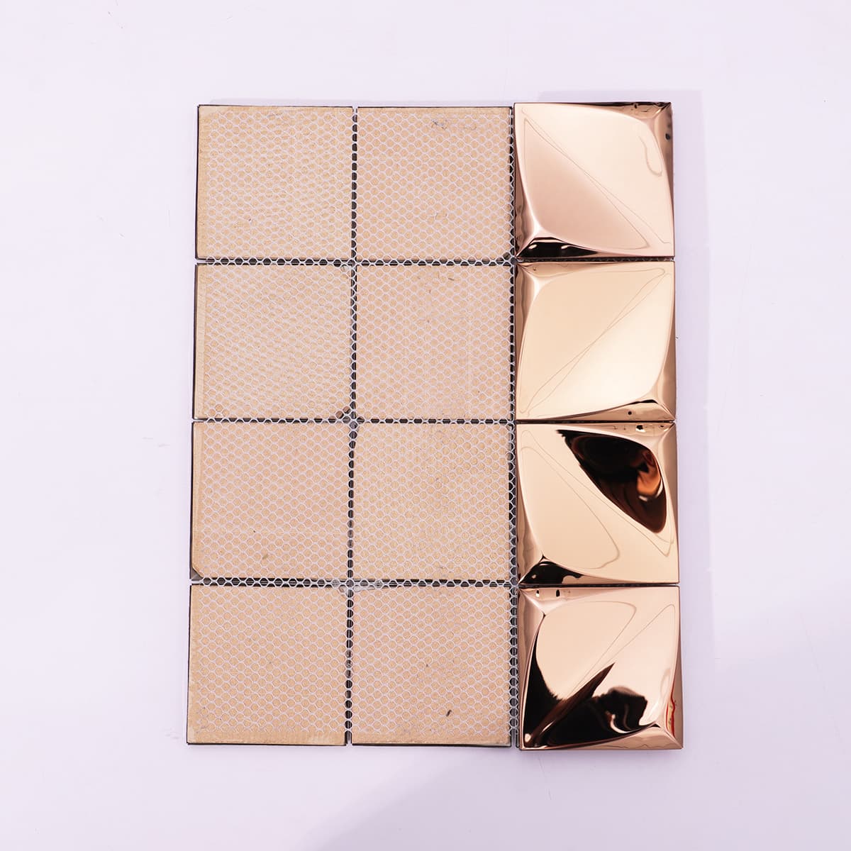Rose gold 3D metal mosaic tile back with mesh for easy installation