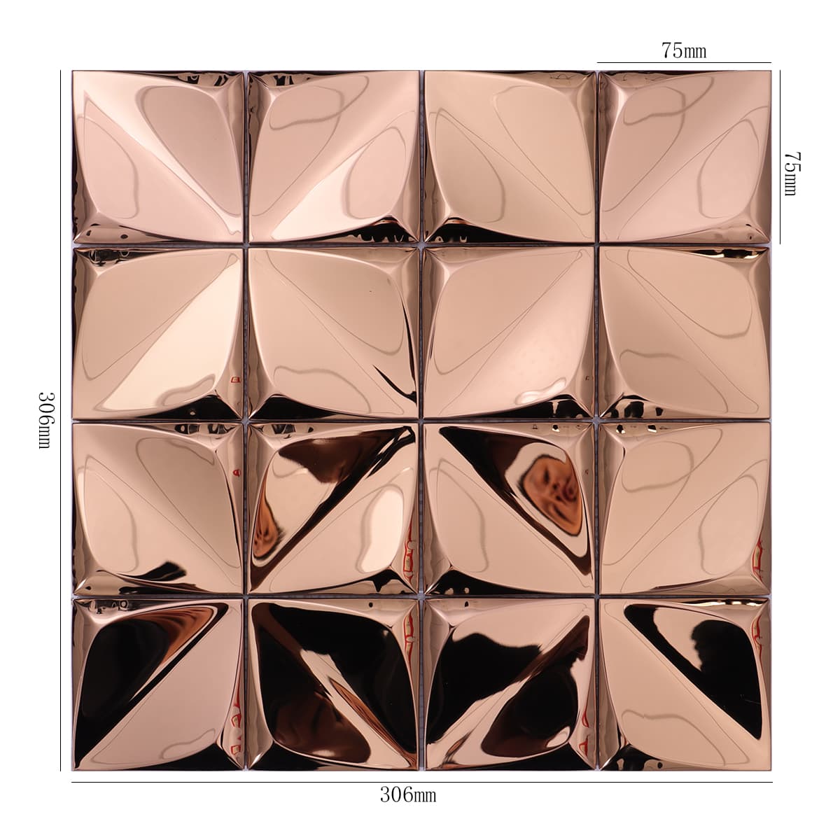 Full sheet of rose gold 3D pyramid tiles with measurements
