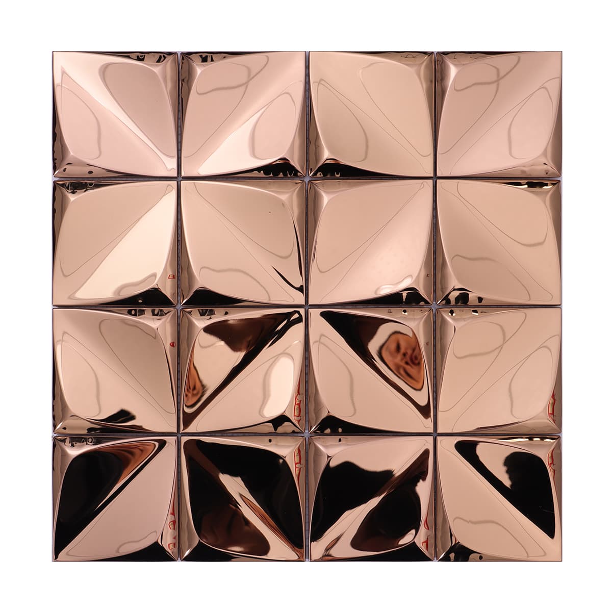Front view of rose gold 3D pyramid-shaped metal mosaic