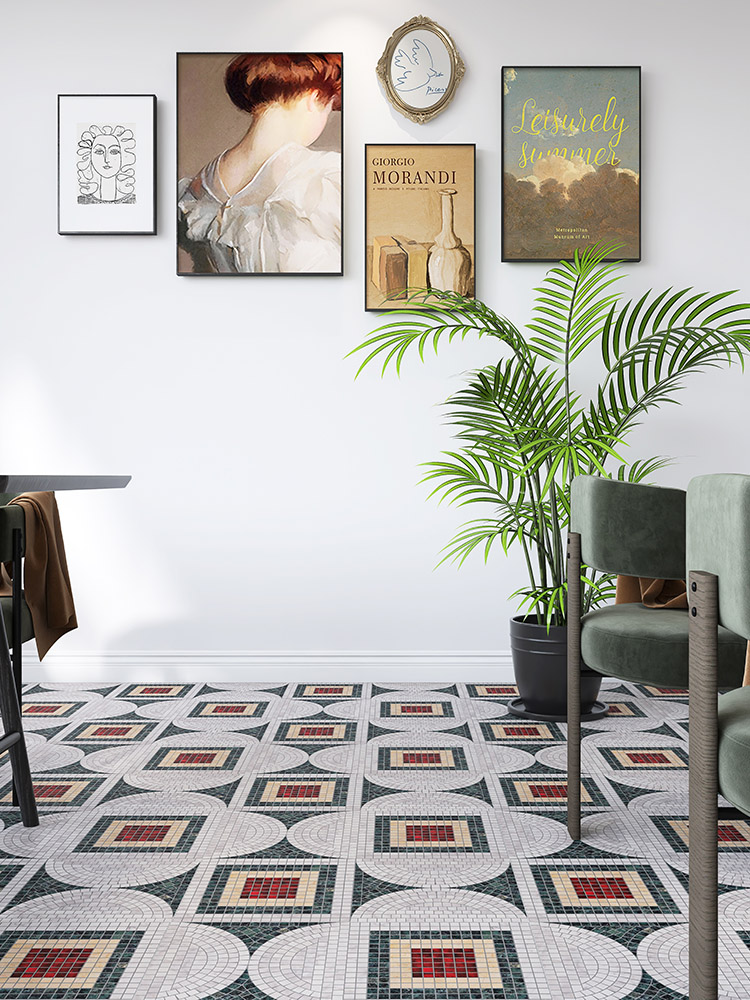 Patterned marble mosaic tiles on the restaurant floor.