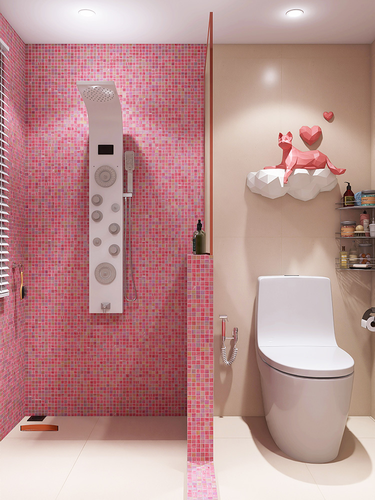 The pink glass mosaic combined with cream tiles brings a trendy and sophisticated touch to the shower area, enhancing the overall bathroom design