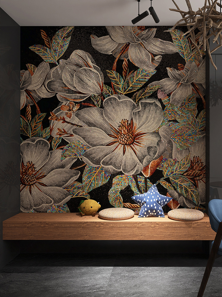 Hand-cut floral art mosaic on living room wall with gray floor tiles
