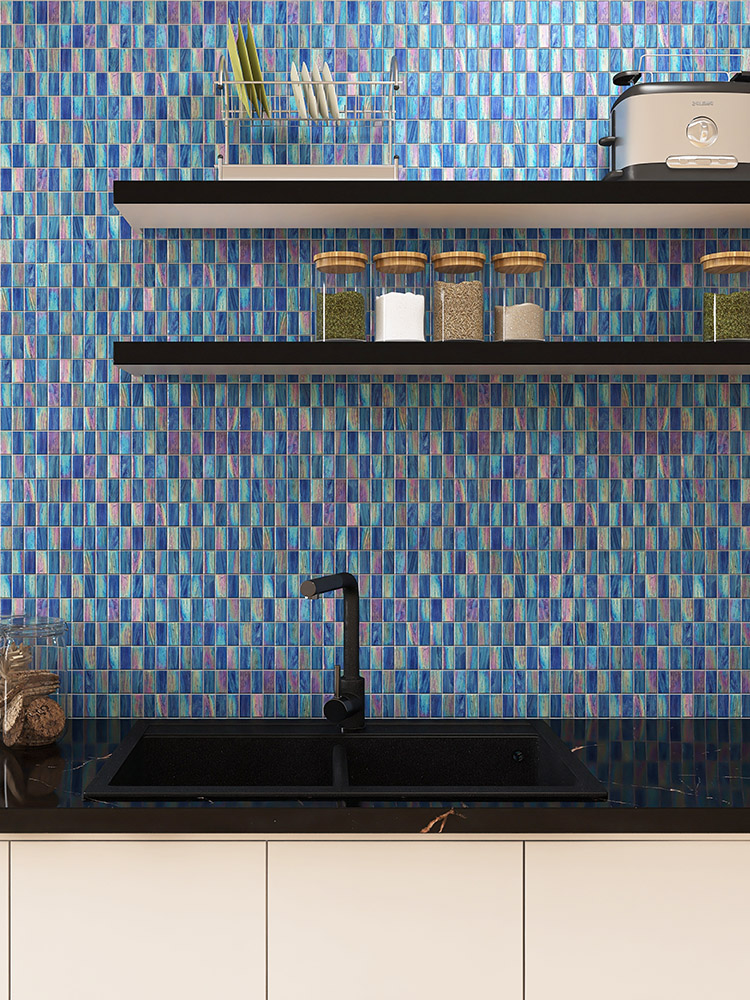 Blue iridescent and matte glass mosaic tile checkboard on the kitchen wall.