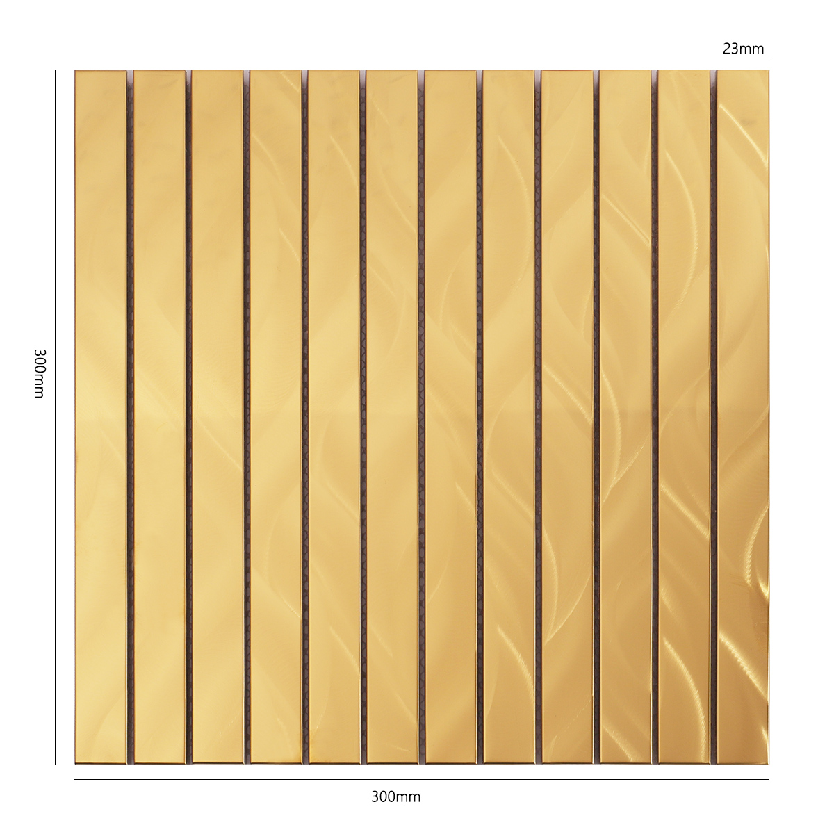 Obverse side of gold stainless steel strip brick mosaic wall tiles, showing size.