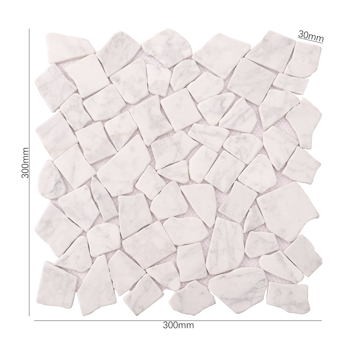 Obverse side of cracked white Carrara marble mosaic tile with size details