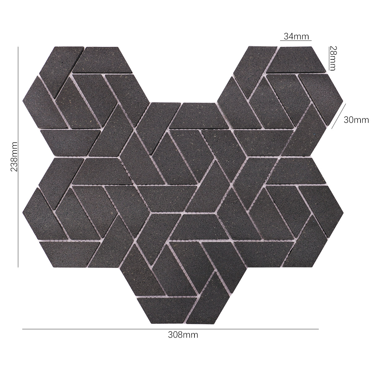 Obverse side of black marble mosaic floor tiles with size details