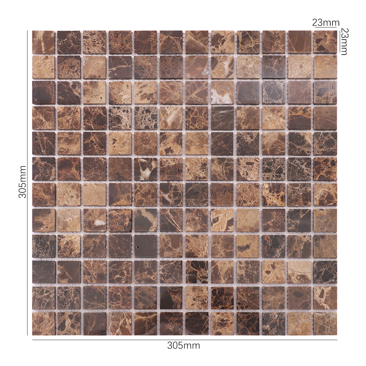 Obverse side of dark brown marble mosaic tiles with size details.