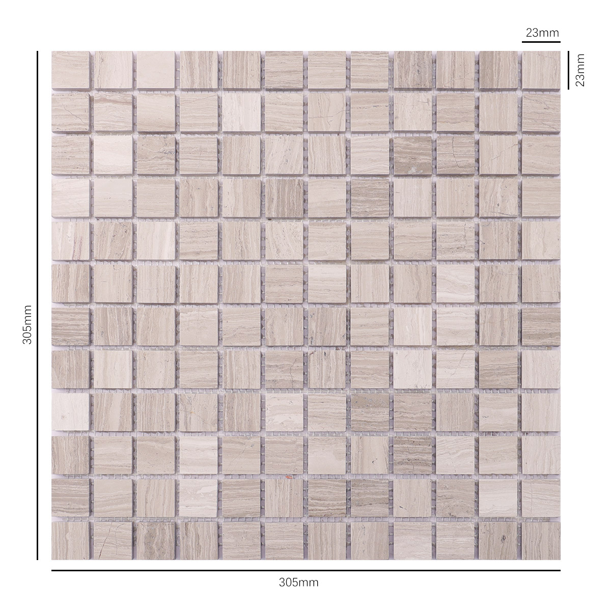 Size view of obverse side of Grigio Legno square marble mosaic tiles.