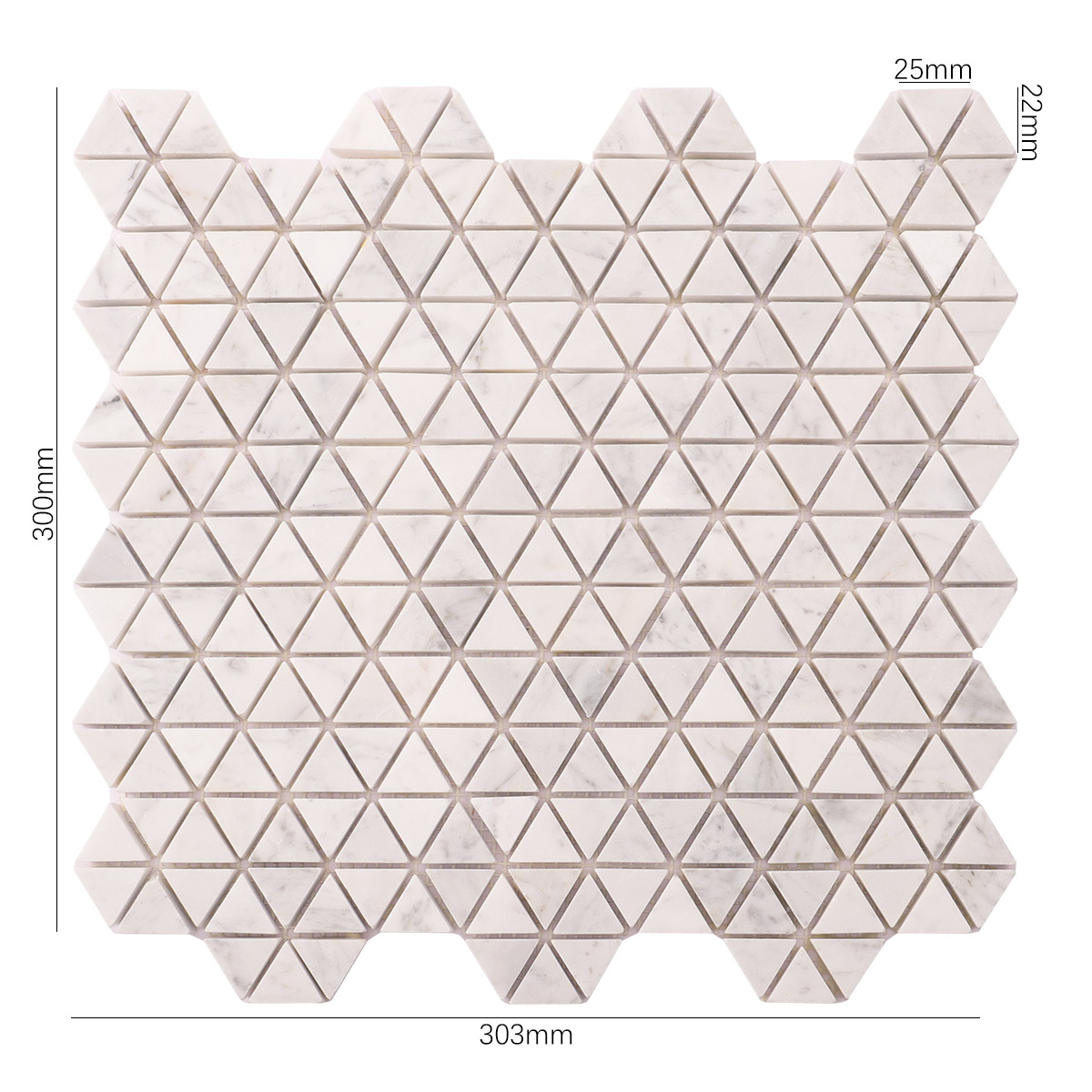 Size view of obverse side of Carrara white geometric triangle marble mosaic tiles.