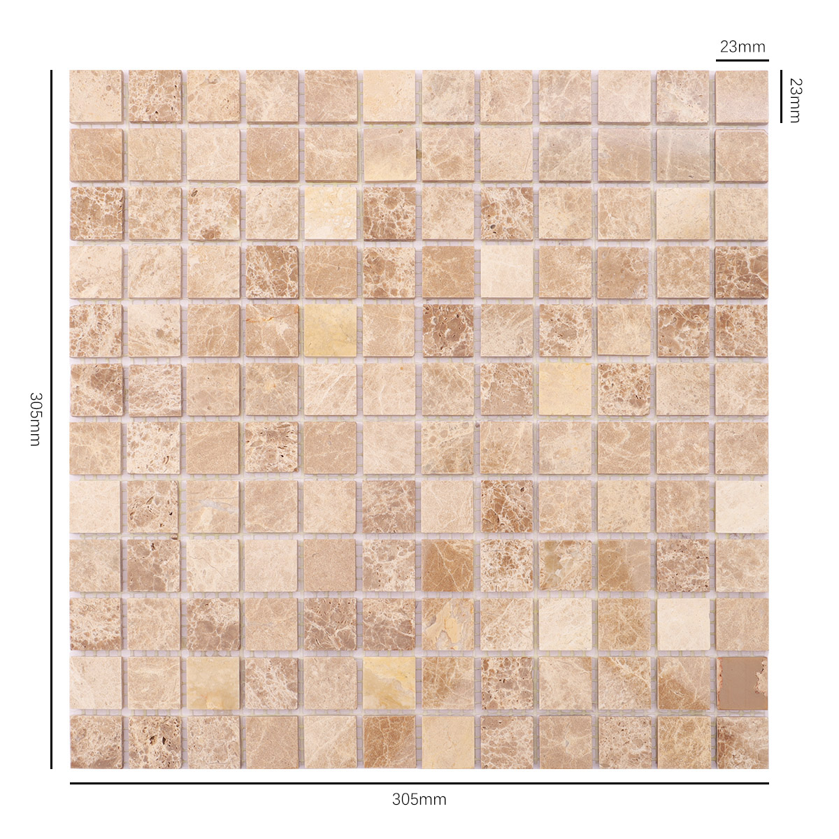 Size view of obverse side of Emperador light polished marble mosaic tiles.