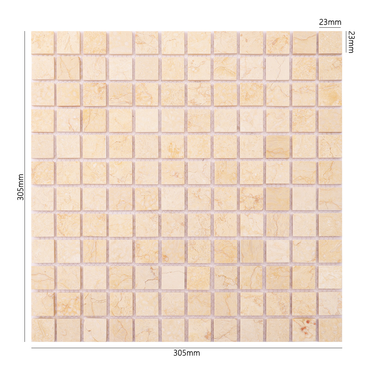 Size view of obverse side of Crema Marfil square marble mosaic tiles.