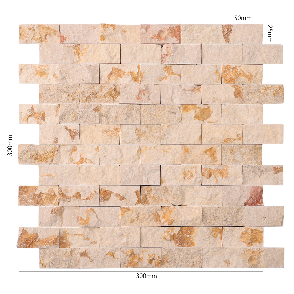 Obverse side of Crema Marfil face stone mosaic tiles, showing size.