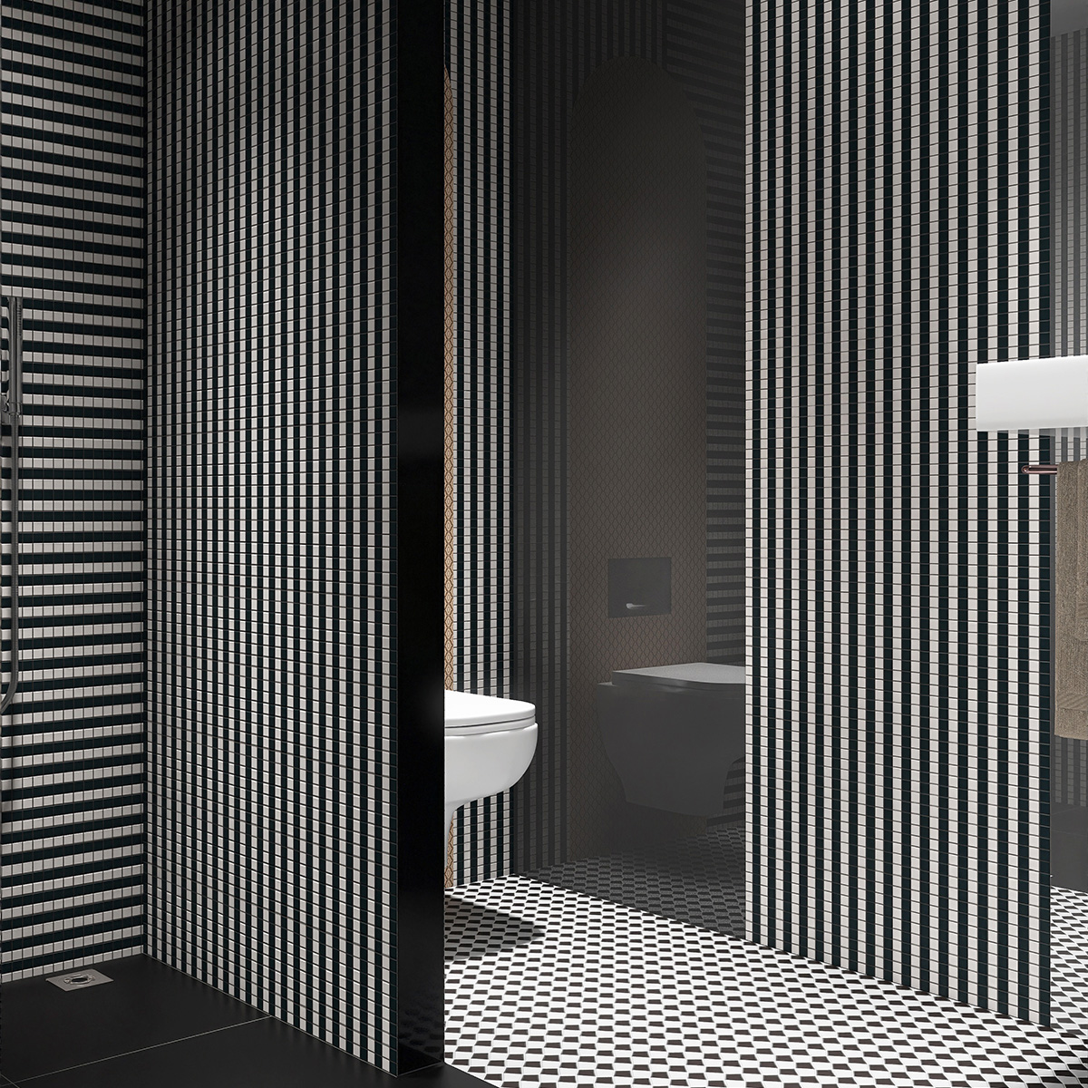 Bathroom with black and white stripe vintage glass mosaic tiles.