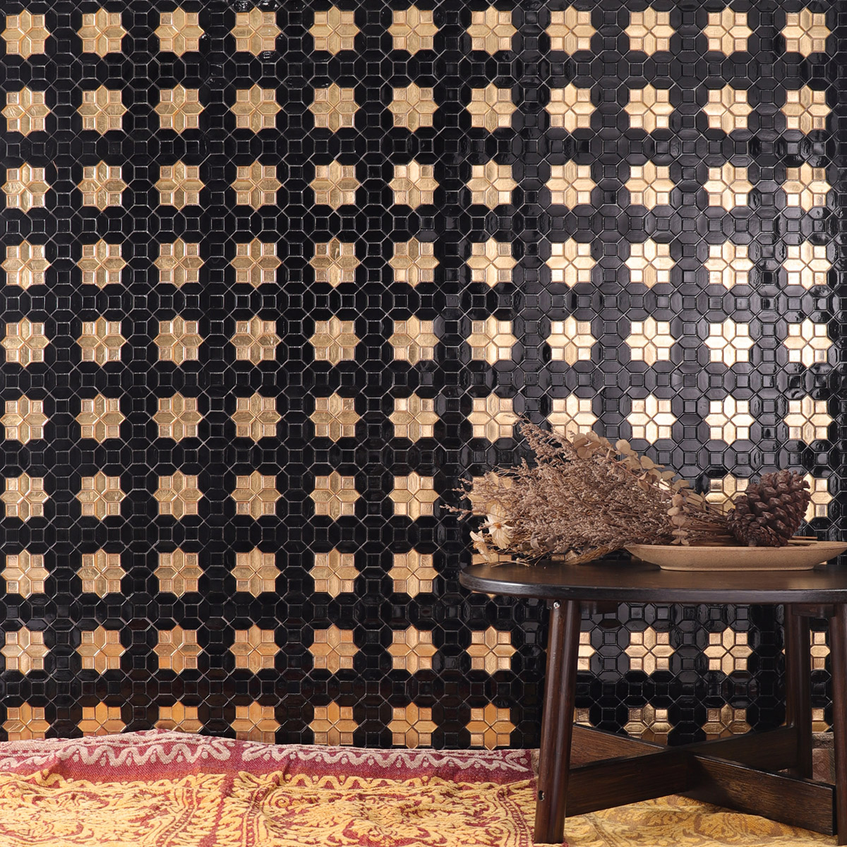 Black and Gold Piceket with Square Glass Mosaic Tiles 