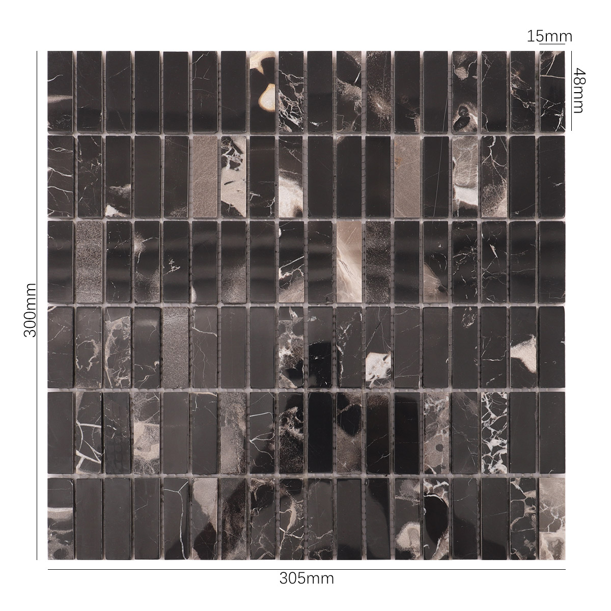 Obverse side of Nero Marquina black polished marble mosaic tile, showing size.