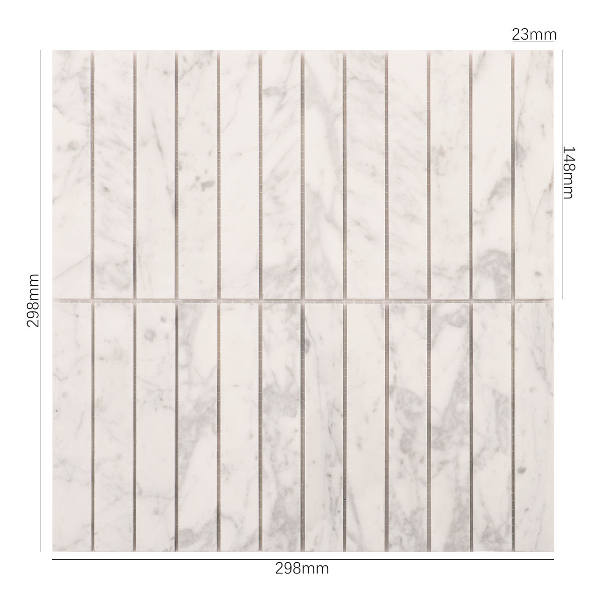 Size view of obverse side of Carrara white marble stacked polished mosaic tiles.