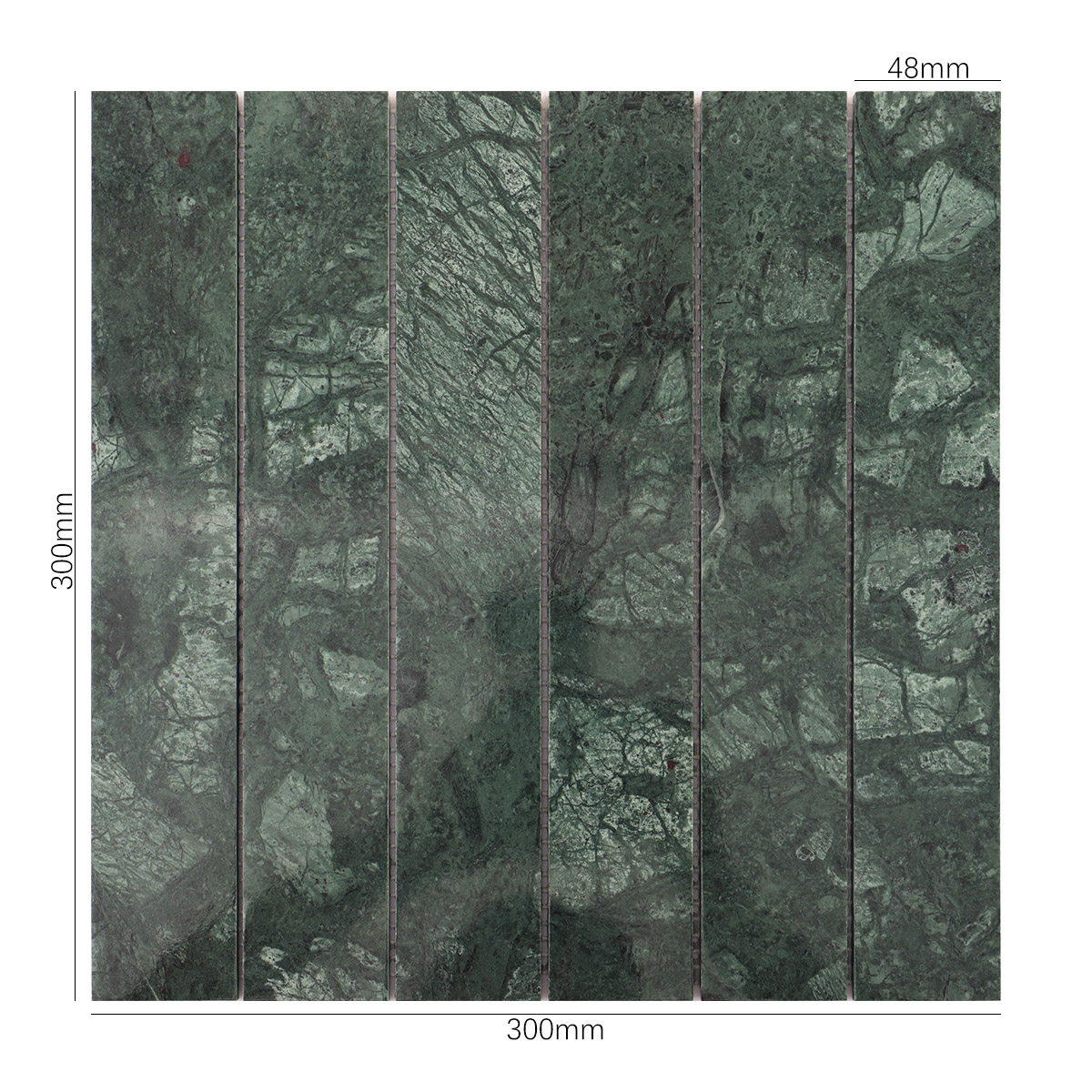 Size view of obverse side of long strip dark green marble mosaic tiles.