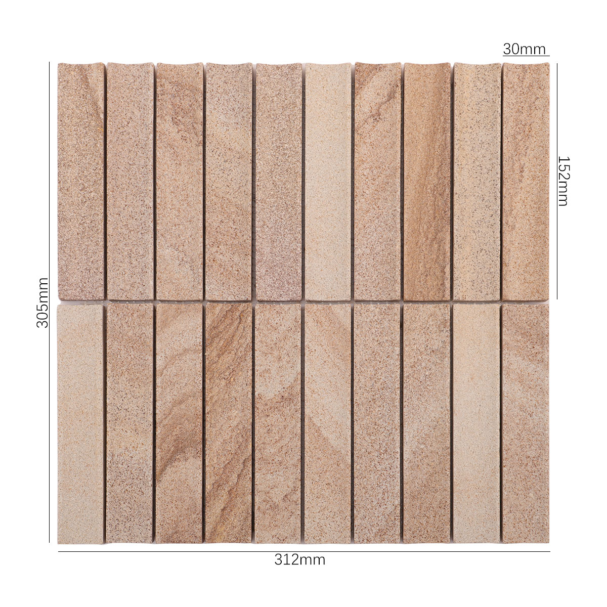 Size view of obverse side of travertine concave honed fluted strip mosaic tiles