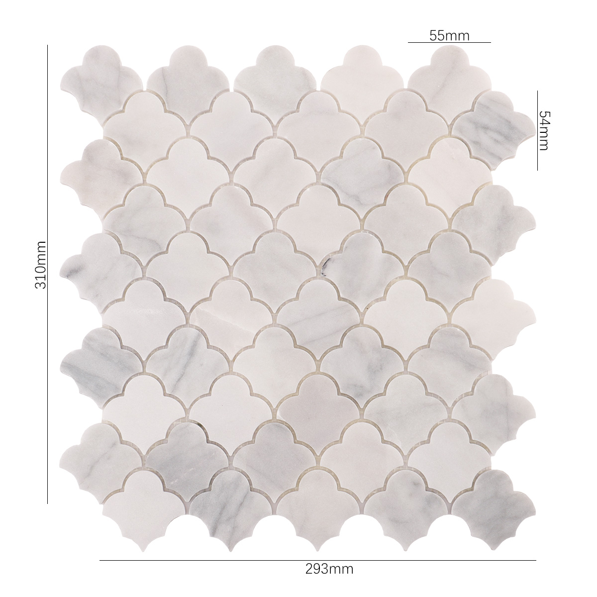 Size view of obverse side of Carrara white cloud natural stone mosaic tiles.