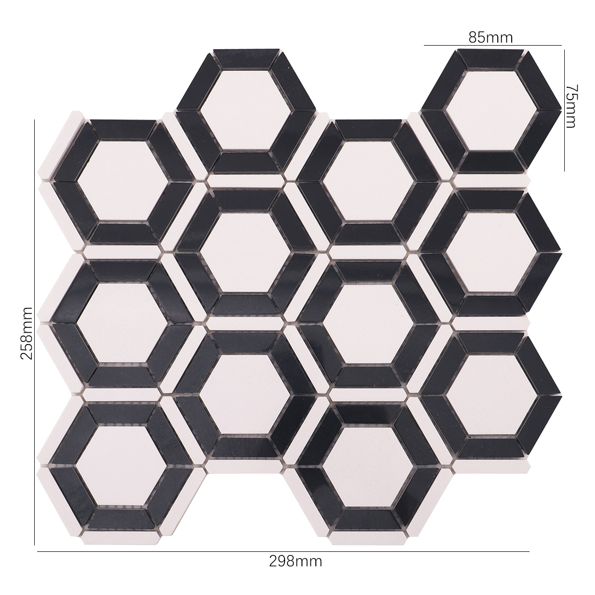 Obverse side of white and black hexagon marble mosaic tiles, showing size