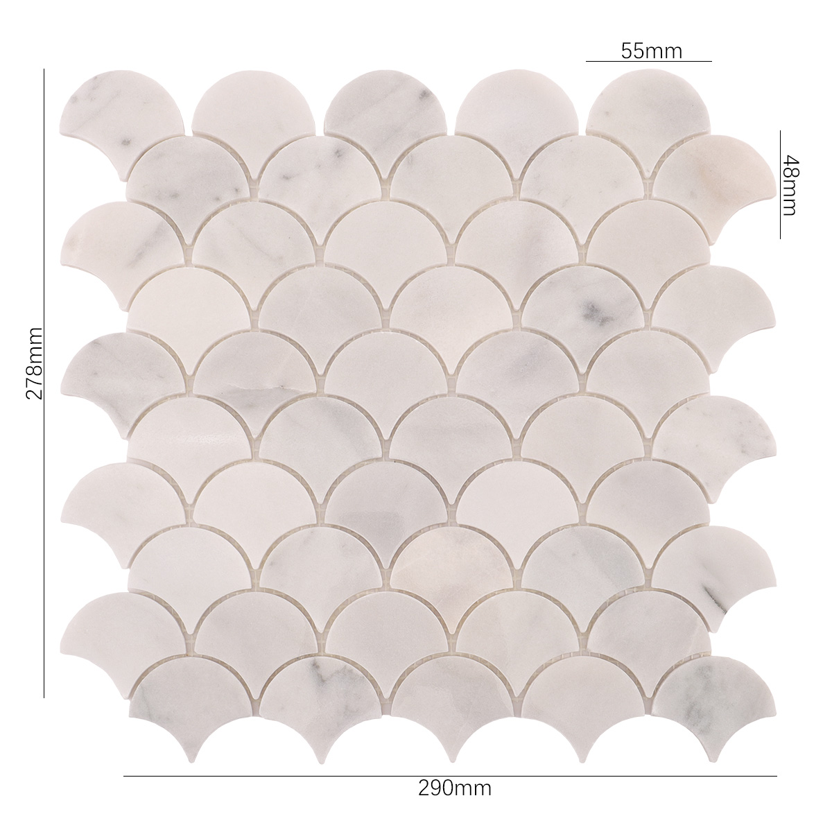 Size view of obverse side of fish scale white marble polished mosaic tiles.