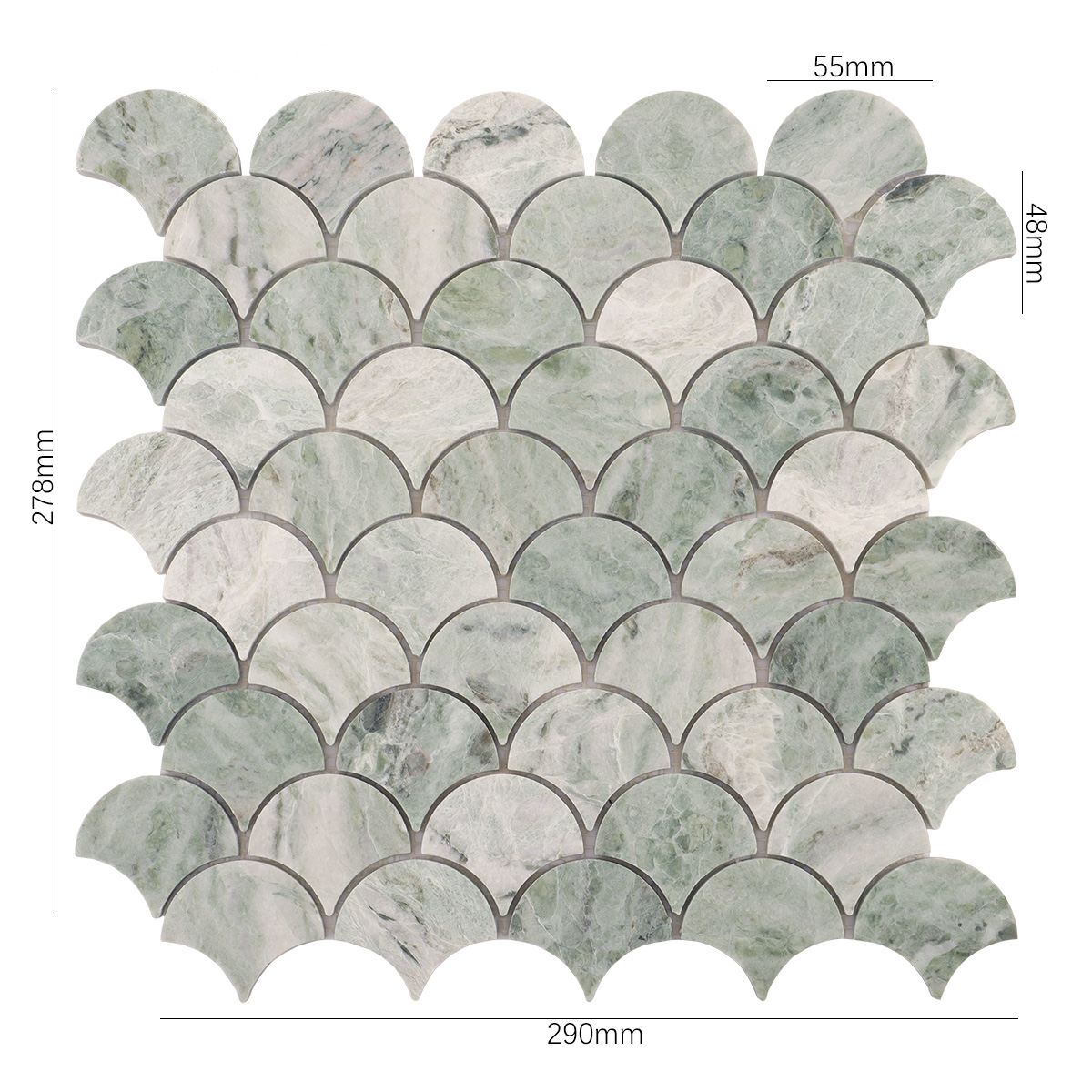 Size view of obverse side of emerald green marble fish scale mosaic tiles.