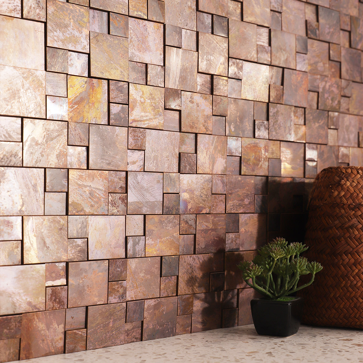 Accent wall with 3D copper metallic mosaic tile.