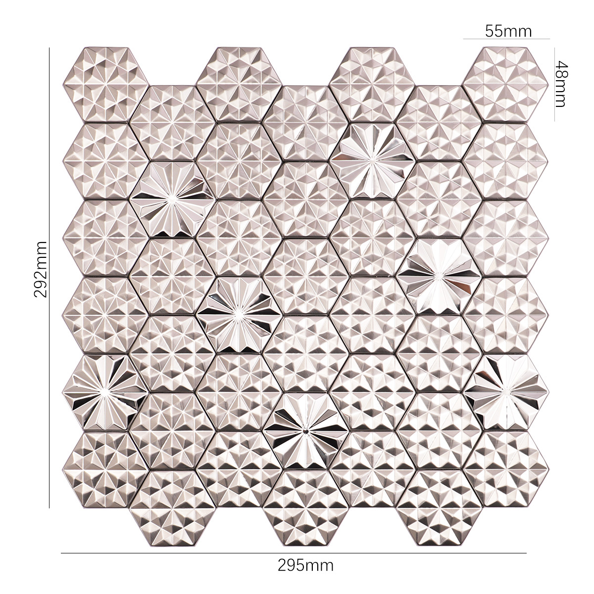 Size view of obverse side of silver hexagon 3D metal mosaic tiles
