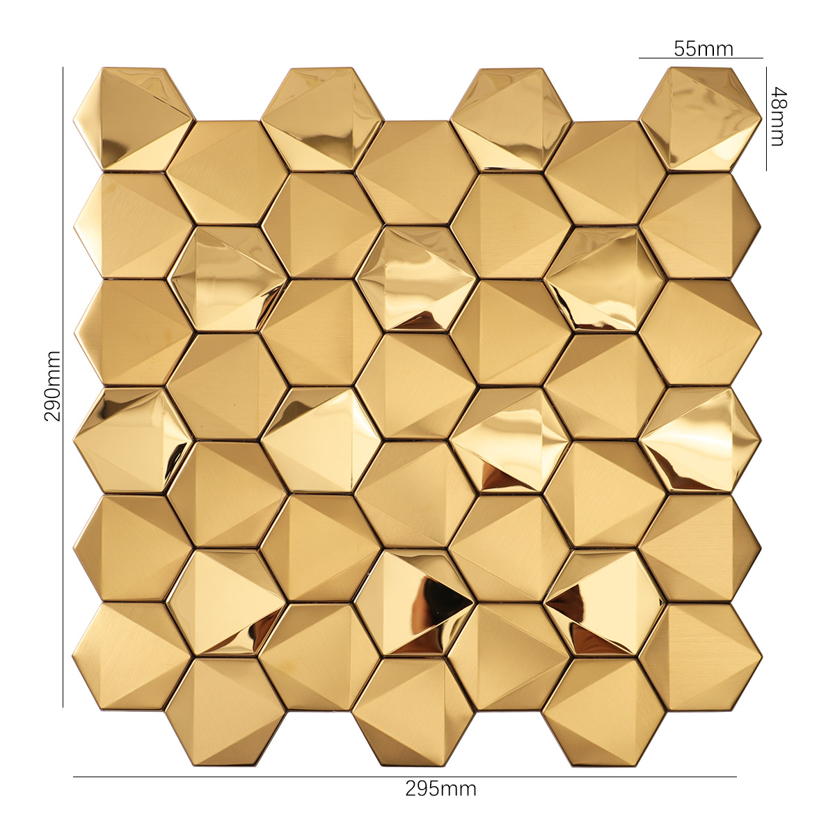 Detailed size view of obverse side of hexagon gold 3D stainless steel mosaic tiles.