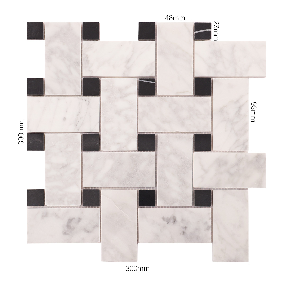 Obverse side of Carrara white basketweave marble mosaic tiles, showing size.
