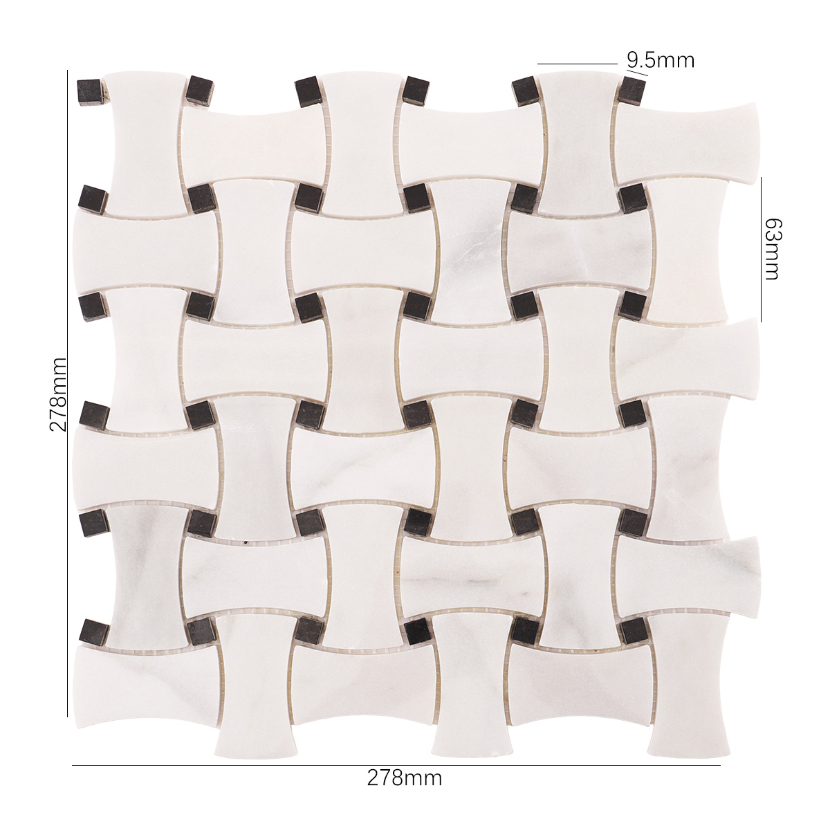 Size view of obverse side of Carrara white basketweave marble mosaic tiles with black dots.