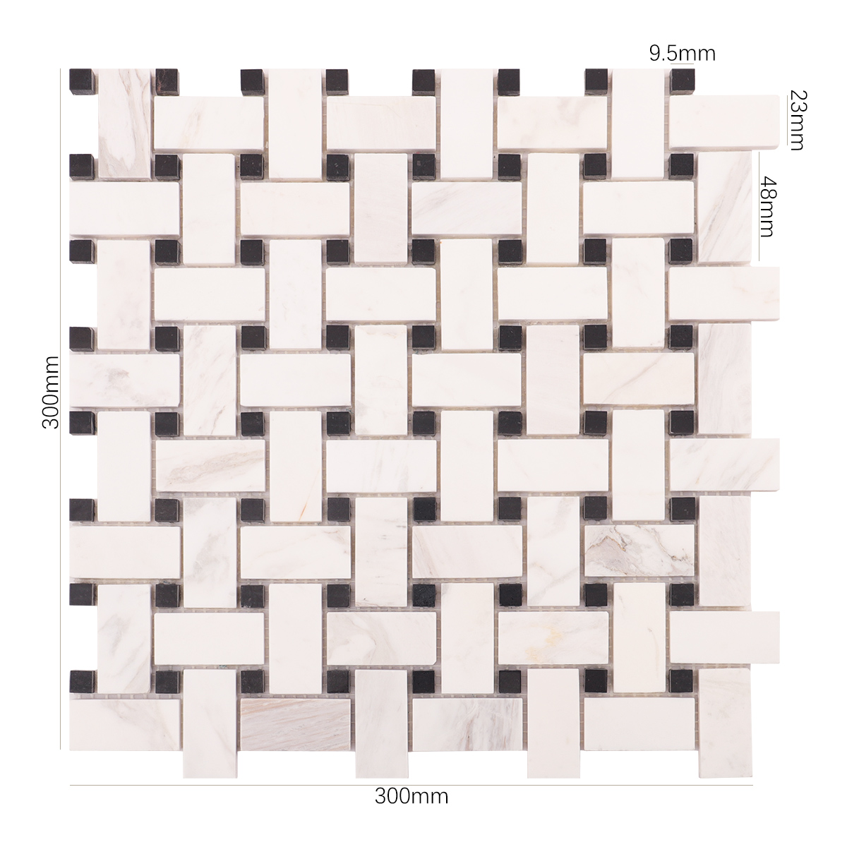Size view of obverse side of white basketweave marble mosaic tiles