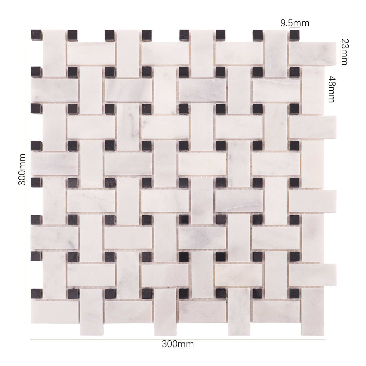 Obverse side of Carrara white basketweave marble mosaic tiles, showing size