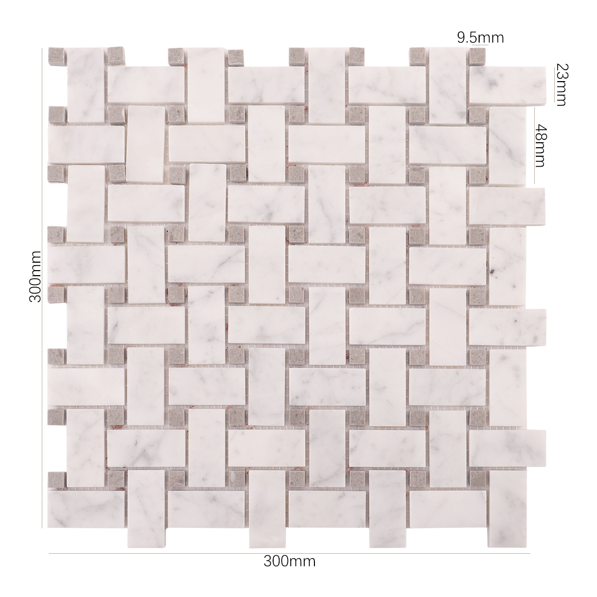 Size view of obverse side of Carrara white basketweave marble mosaic tiles