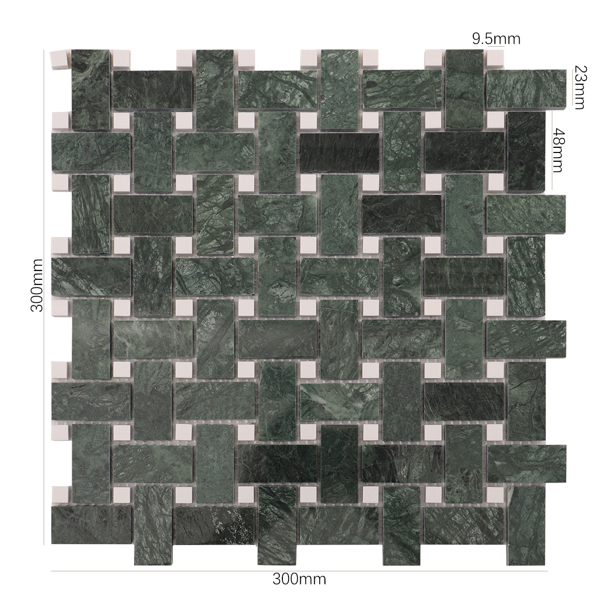 Size view of obverse side of Verde green basketweave marble mosaic tiles.