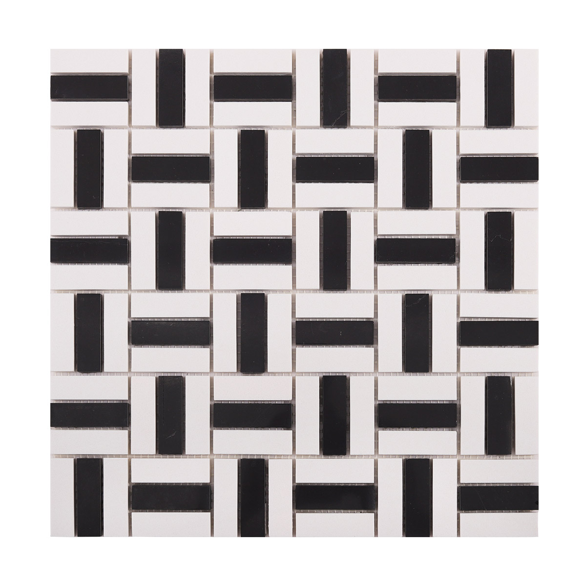 Front view of black and white faux marble mosaic tiles