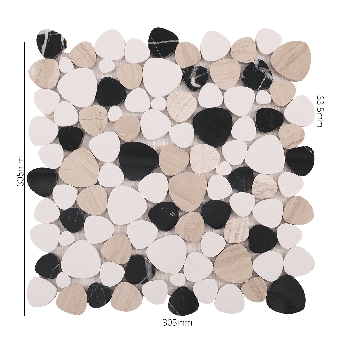 Size view of obverse side of white and black flat pebble stone mosaic tiles.