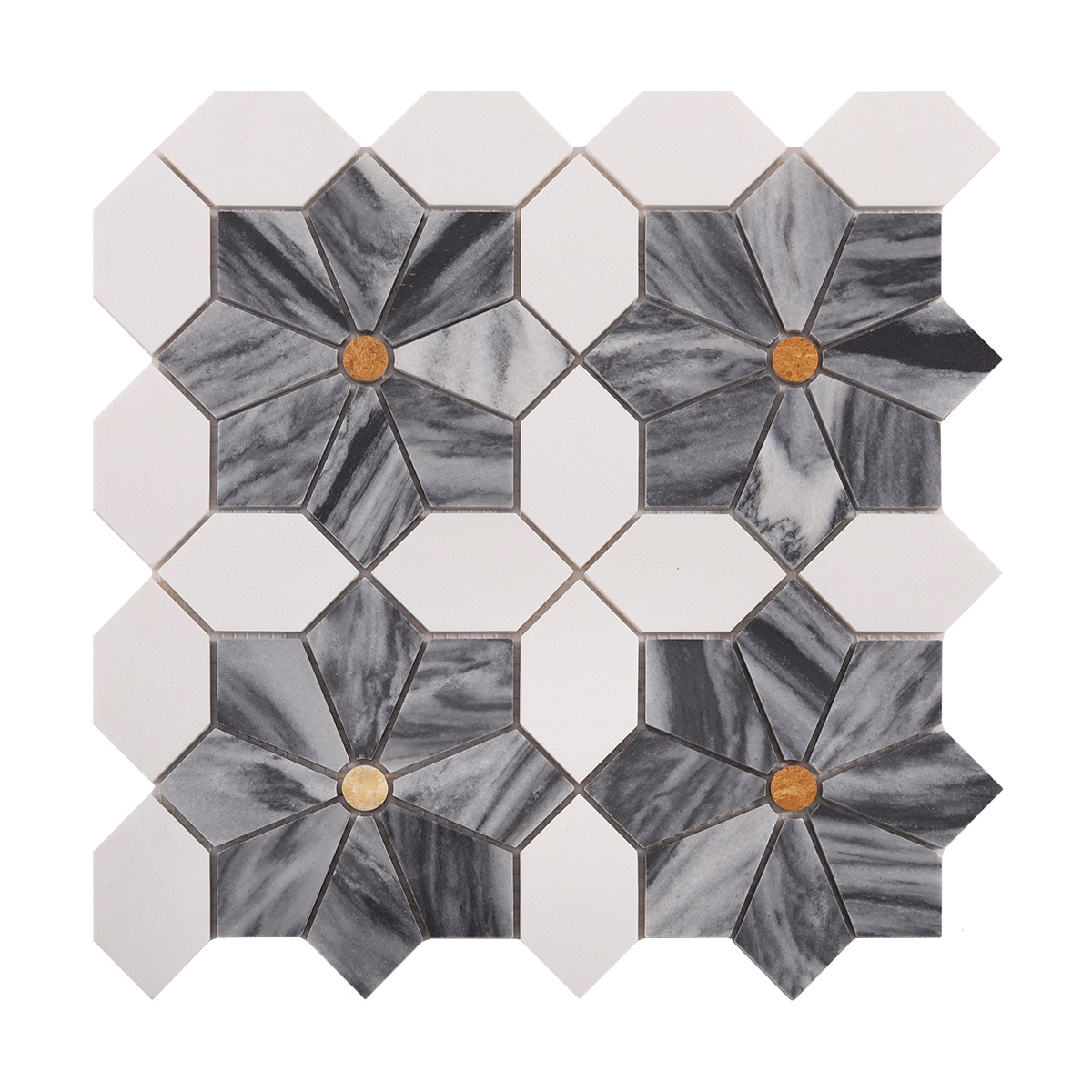 Obverse side of gray & white flower marble mosaic tiles